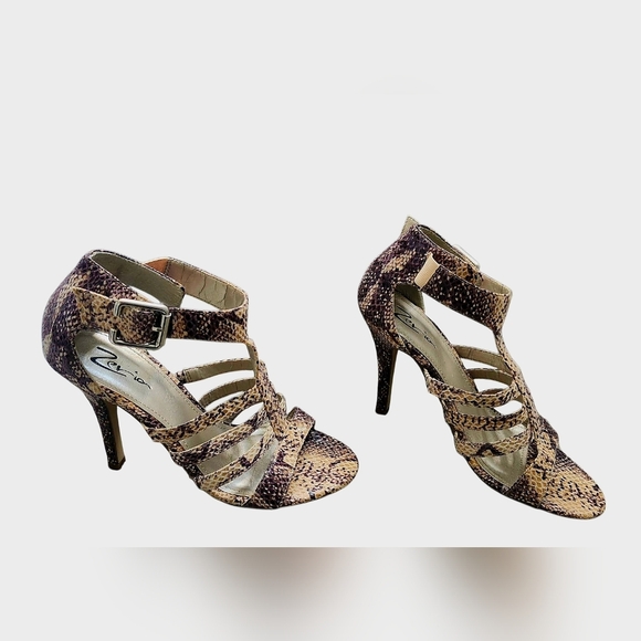 Size 7 Women's Strappy Snake Print Heels - Brown And Tan - Picture 1 of 7
